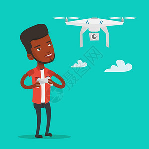 黑色无人机在天空下遥控无人机飞行的非洲男人插画