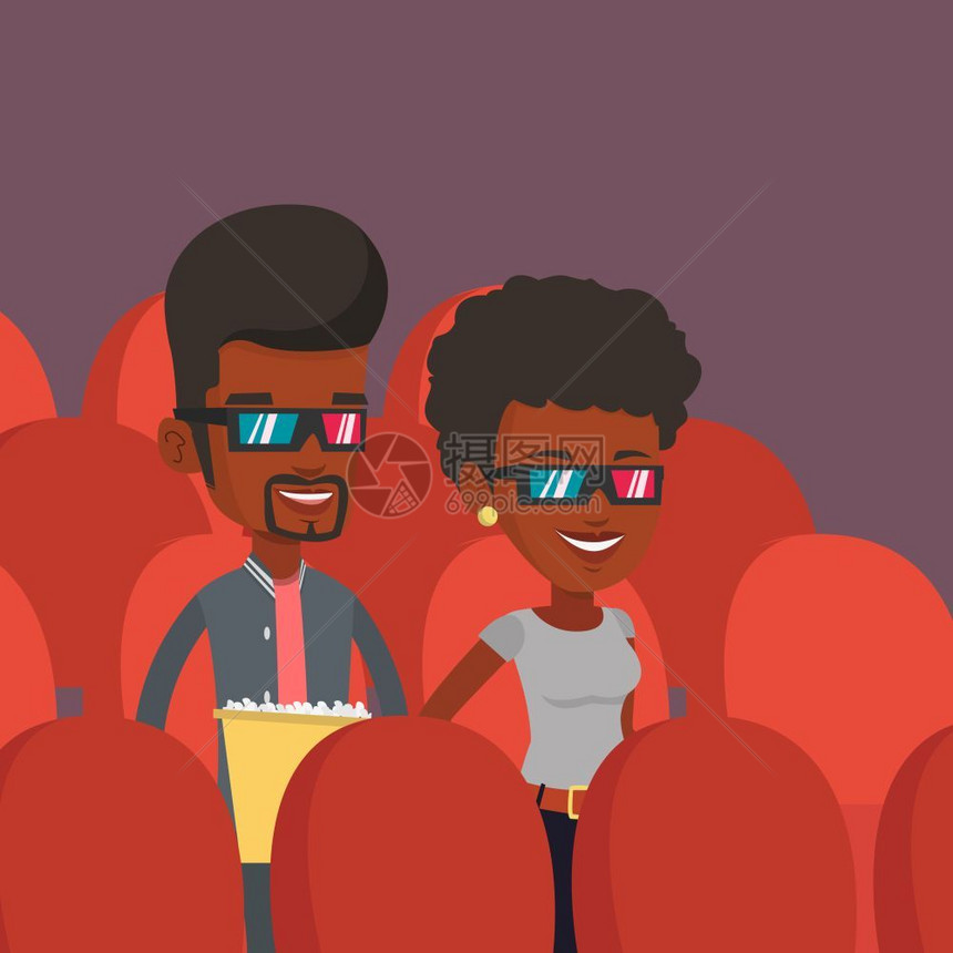 戴着3d眼镜看电影吃爆米花的非洲年轻情侣卡通矢量插画图片