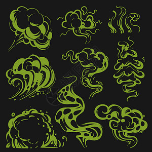 卡通恶臭的气味绿色云矢量的味道孤立说明蒸气和呼吸的卡通臭味漫画恶的气味孤立绿色云矢量气味背景图片