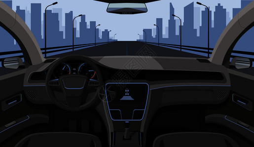前挡风玻璃驾驶员仪表板和高速公路矢量图插画