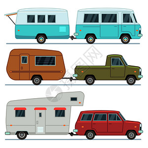 微型货车汽车流动旅行房车家庭露营拖车矢量元素插画