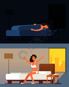 妇女晚上在床睡觉和做梦早上醒来的卡通矢量图图片