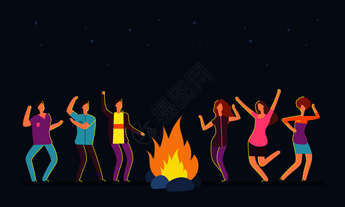 音乐节快乐人群在篝火边跳舞矢量卡通插图图片
