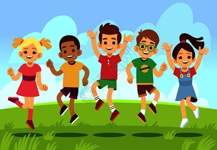 卡通暑假快乐儿童男孩和女孩户外玩耍跳跃矢量插图图片