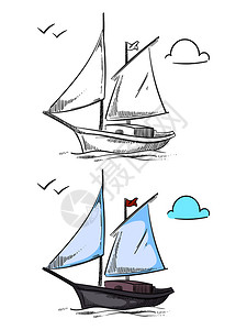 复古手绘风格帆船矢量插画图片