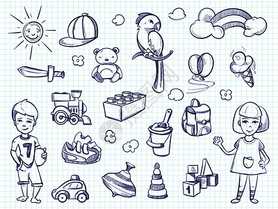 手绘潜艇男女孩笔记本上的玩具矢量图插画