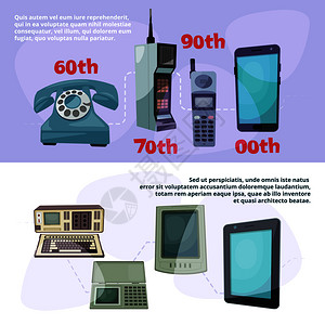 技术进步的可视化由各种复古装置设的横幅备装置的可变工具复古电话和智能触摸屏矢量图示由各种复古装置设的横幅背景图片