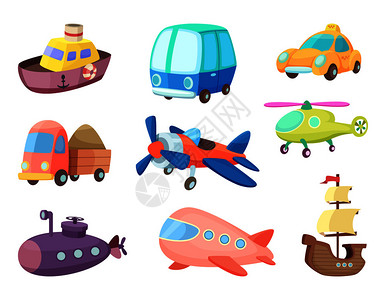 塑料船各种交通飞机船舶汽车等的漫画插图插画
