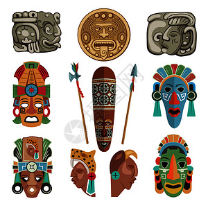 古老的玛雅或阿兹泰克符号部落古董面具和传统元素图片