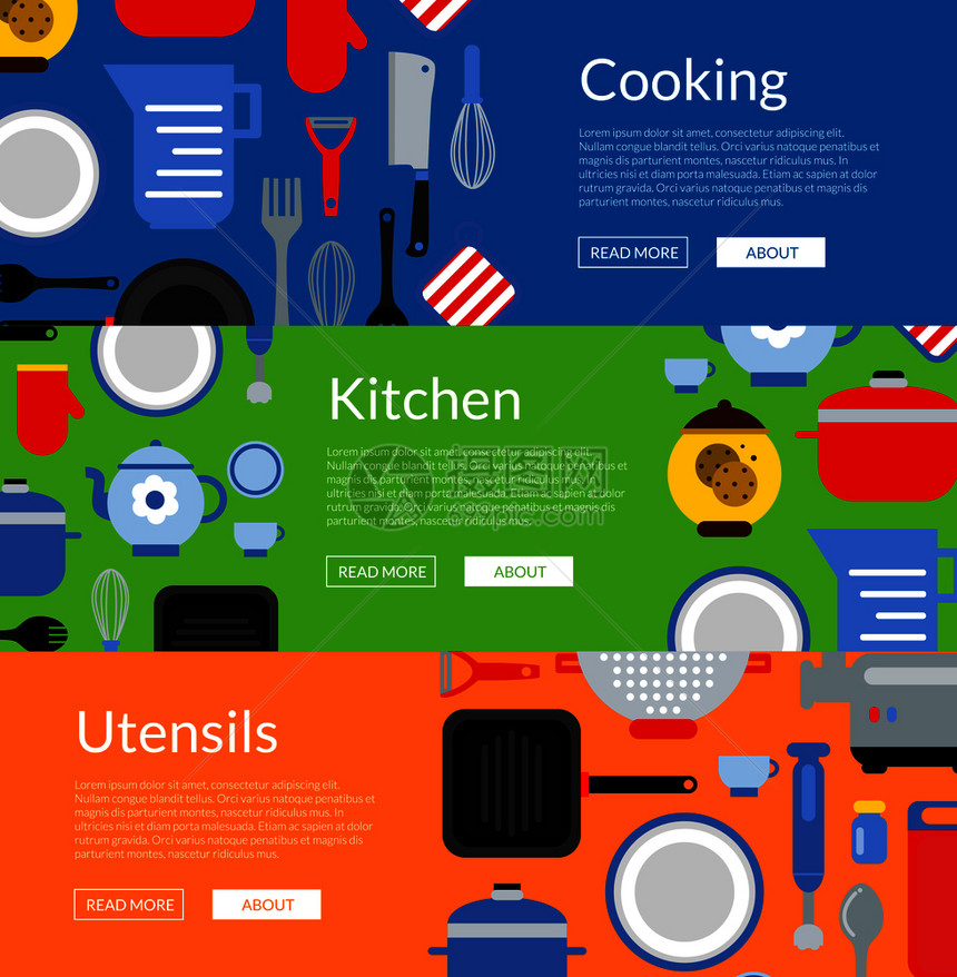 矢量平面风格的厨房用具水平web横幅和海报插图矢量平面风格的厨房用具水平web横幅插图图片