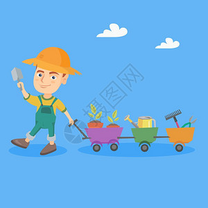小铲子可爱的园丁男孩带装满园艺设备的手推车矢量插画插画
