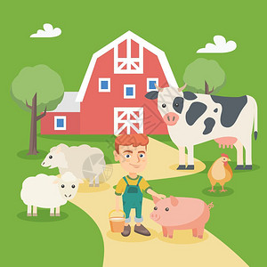 欧洲农场在农场里与猪绵羊牛和鸡站在一起时带着桶的农场男孩矢量图插画
