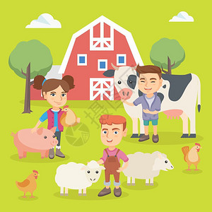 卡通儿童在后院与家畜农场的猪绵羊牛和鸡玩耍矢量插画高清图片