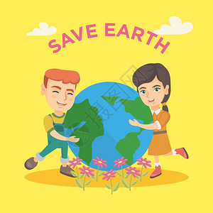 小学生行走侧面两个热爱环境的小朋友正在拥抱地球插画