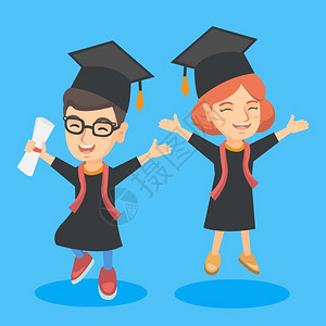 证书的孩子文凭身着毕业帽子和礼服的兴奋儿童插画