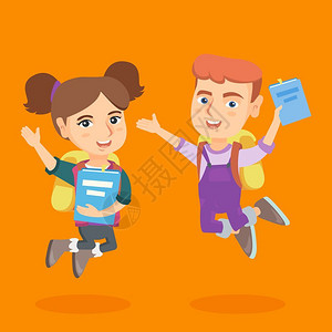 背包的女学生快乐的男孩和女孩拿着书跳跃插画