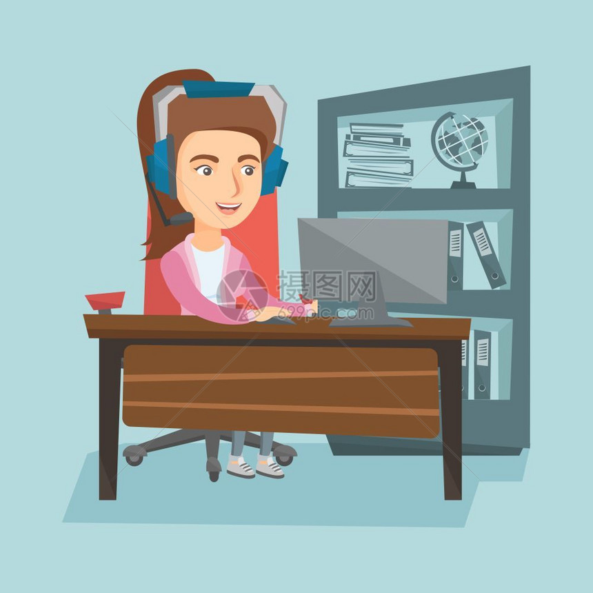 戴着耳机在办公室工作的商业妇女卡通矢量插画图片