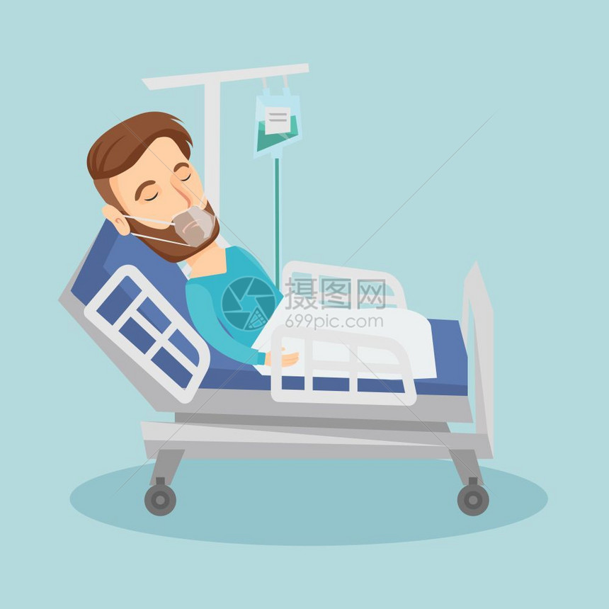 在医院床上躺着吸氧输液的男病人卡通矢量插画图片