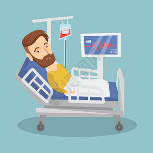 躺在病床上输血检测心跳的男病人卡通矢量插画图片