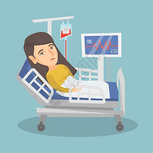 病女素材背景躺在病床上检测心跳和输血的女青年卡通矢量插画插画
