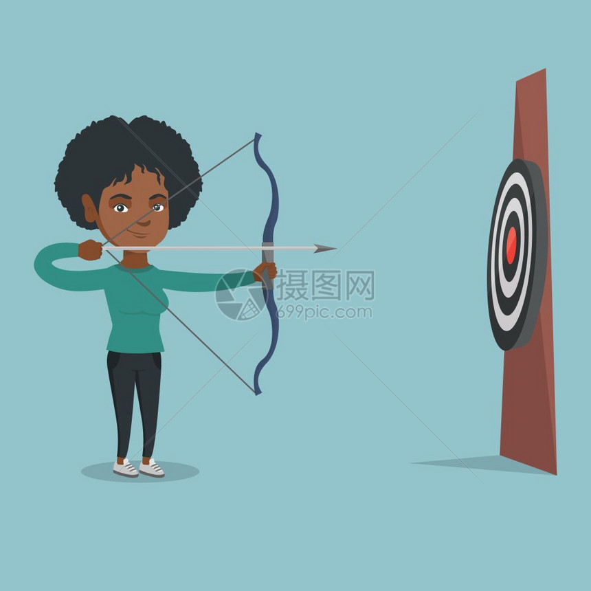瞄准靶心射箭的非洲女青年卡通矢量插画图片