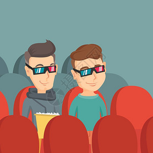 两位戴着3D眼镜吃爆米花看电影的男孩卡通矢量插画图片