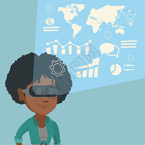 身着虚拟现实头盔的非洲青年商业女性用图表分析虚拟数据矢量漫画插图方图片