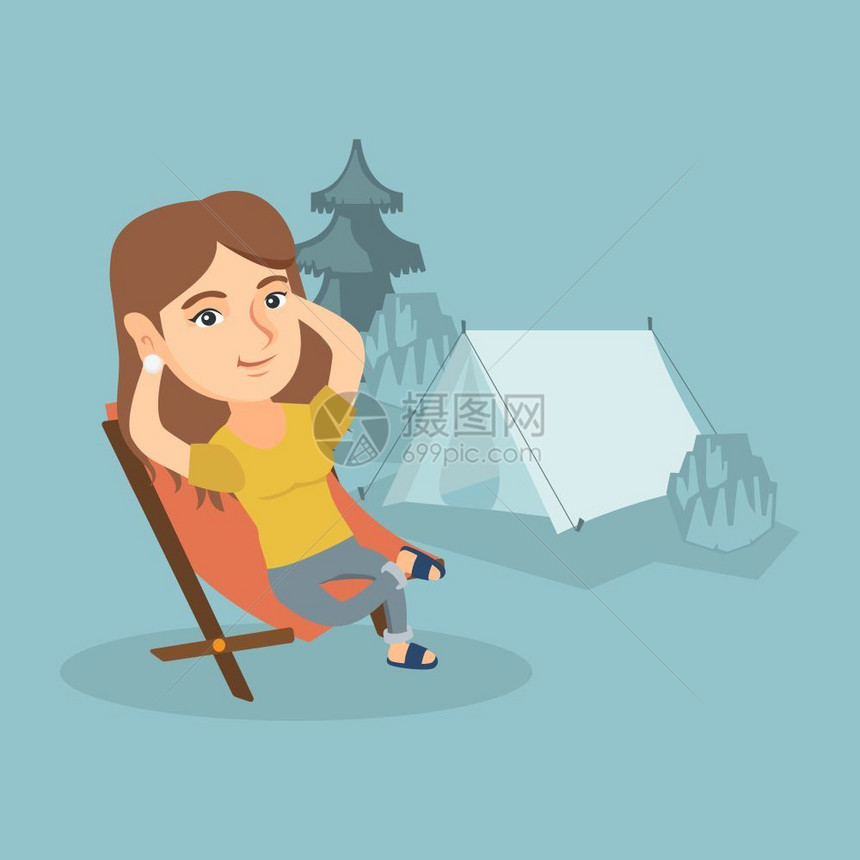 坐在折叠椅上放松的女孩卡通矢量插画图片