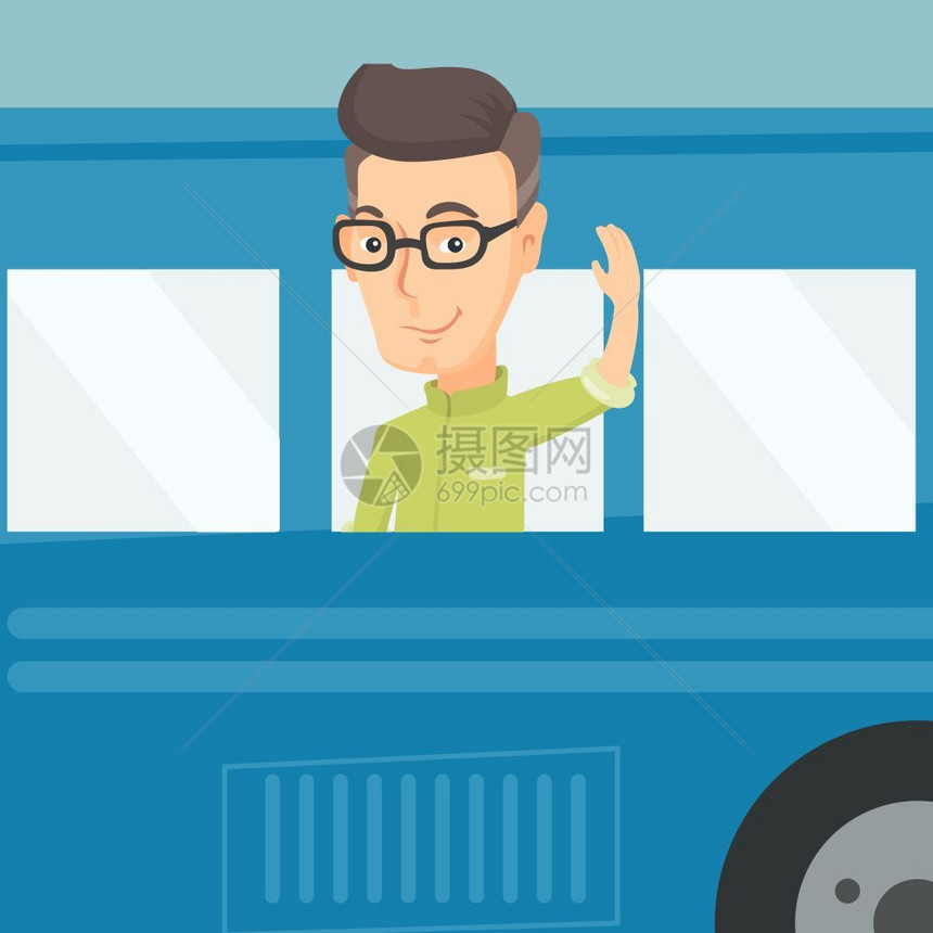 男子在公共汽车窗挥手的矢量平面设计图图片