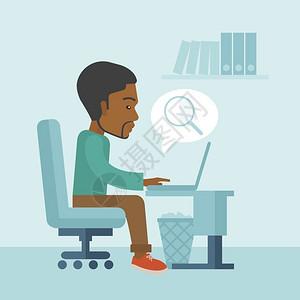 桌面黑色黑色的美国人坐在电脑前面放大镜在网上寻找工作一种当代风格面盘调色板软蓝有背景矢量平面设计插图方形布局非洲的srgtohscmpu插画