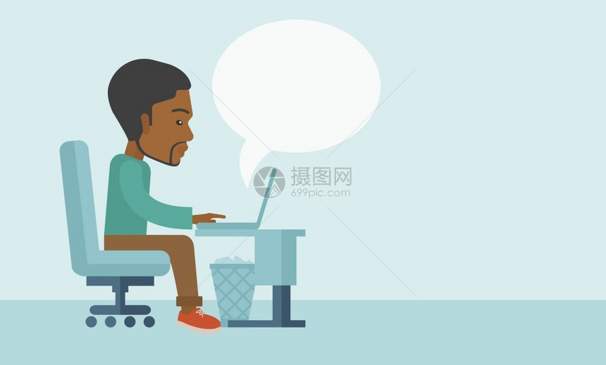 黑色的美国人坐在电脑前放大镜在网上寻找工作当代风格面盘软蓝色有背景矢量平面设计插图水平布局右侧有文字空间非洲坐在电脑前图片
