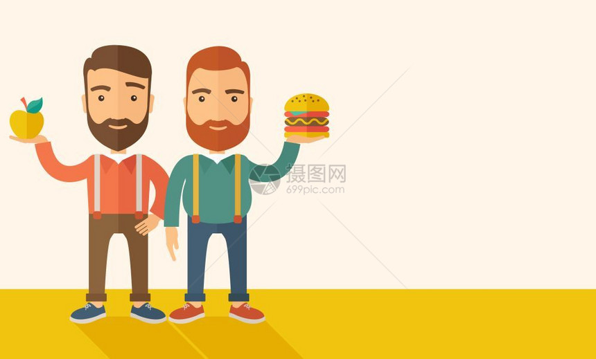 a两位商人站着比较苹果与汉堡其中的是健康食物两位商人将苹果与汉堡作比较图片