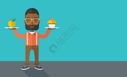 苹果型肥胖一名非洲美青年携带两只纸杯蛋糕和苹果作为平衡饮食一种当代风格面盘色调板深蓝背景矢量平面设计插图水平布局右侧有文字空间男人携带两只插画