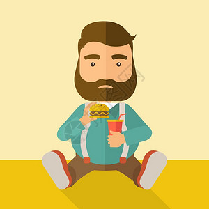 胖子吃汉堡一个胖子坐在地板上一边吃汉堡包喝苏打水食物概念一种当代风格有糊盘软蜜色背景矢量平面设计图方形布局胖子在吃饭时坐着插画
