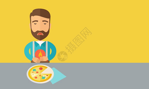 胃肠炎生病的人在吃一块披萨后胃痛或腹这是一种当代风格有糊调色盘黄有背景矢量平面设计图示水平布局右侧有文字空间男人吃披萨后胃痛或腹插画