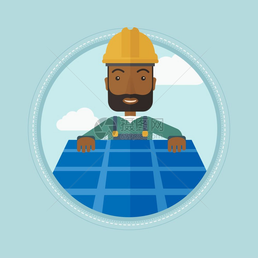 在屋顶上安装太阳能电池板的非洲男工人卡通矢量插画图片