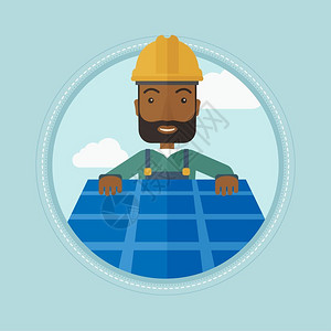 在屋顶上安装太阳能电池板的非洲男工人卡通矢量插画图片
