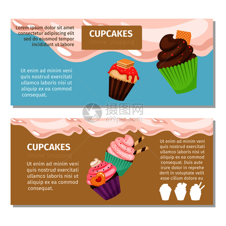 在线购物纸杯蛋糕和松饼水平传单设计矢量说明纸杯蛋糕和松饼传单设计图片