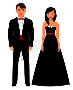 红色晚礼服穿黑色礼服的男子和穿黑色长裙的女子插画