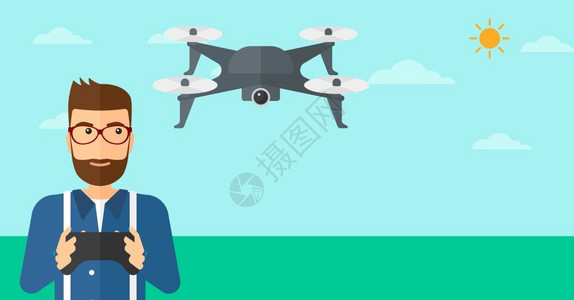 遥控操作一位在天空下遥控无人机飞行的男人插画
