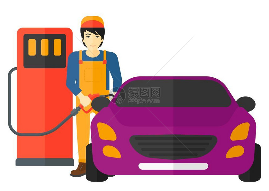 一名亚洲男子在汽车加满燃料矢量平面设计插图图片