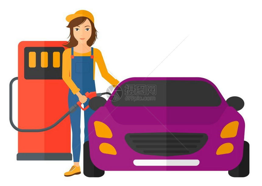 妇女将燃料填充到汽车矢量平面设计插图图片