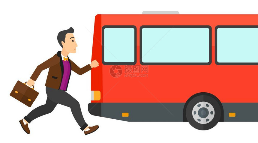 男人沿着人行道跑到公交车矢量平面设计插图图片