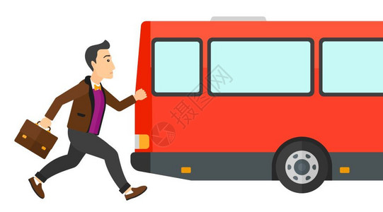 男人沿着人行道跑到公交车矢量平面设计插图图片