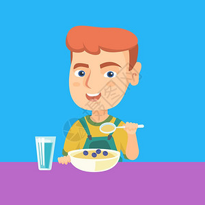 新营养早餐粥坐在桌子上喝蓝莓粥的男孩插画