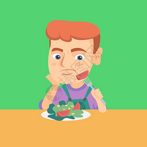靠脸吃饭男孩坐在蔬菜沙拉的桌子前矢量插图插画