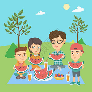 夏季一家人野餐野营在公园吃西瓜矢量插图图片