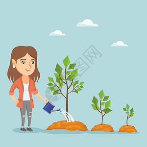 年轻女性商人用水浇树商业概念投资布局图片