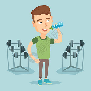 喝水运动男子在健身房里站着喝水插画