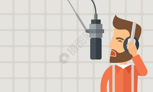 录音棚调控室男性调音师使用耳机的录音棚的歌手插画